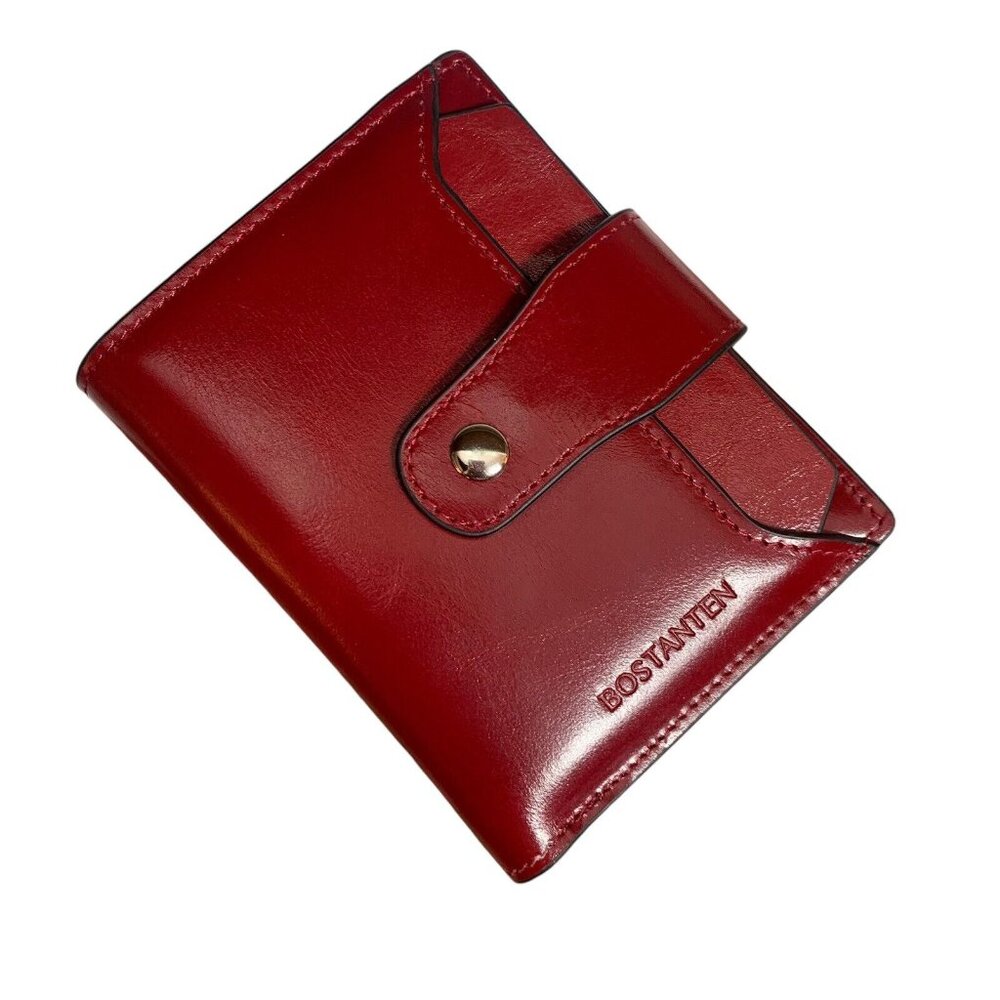 Bostanten Red Leather Wallet Bifold Snap Zip Closure Multipocket